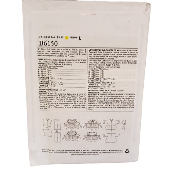 Butterick 18 Doll Clothes Sewing Pattern B6150 Retro 50s Doll Clothes UNCUT - Picture 2 of 6